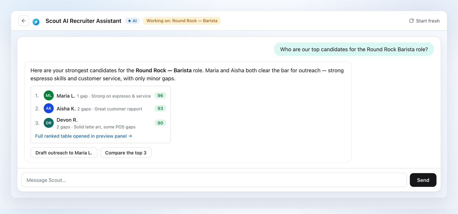 Scout answering a recruiter's question about top candidates in chat, with data and charts inline